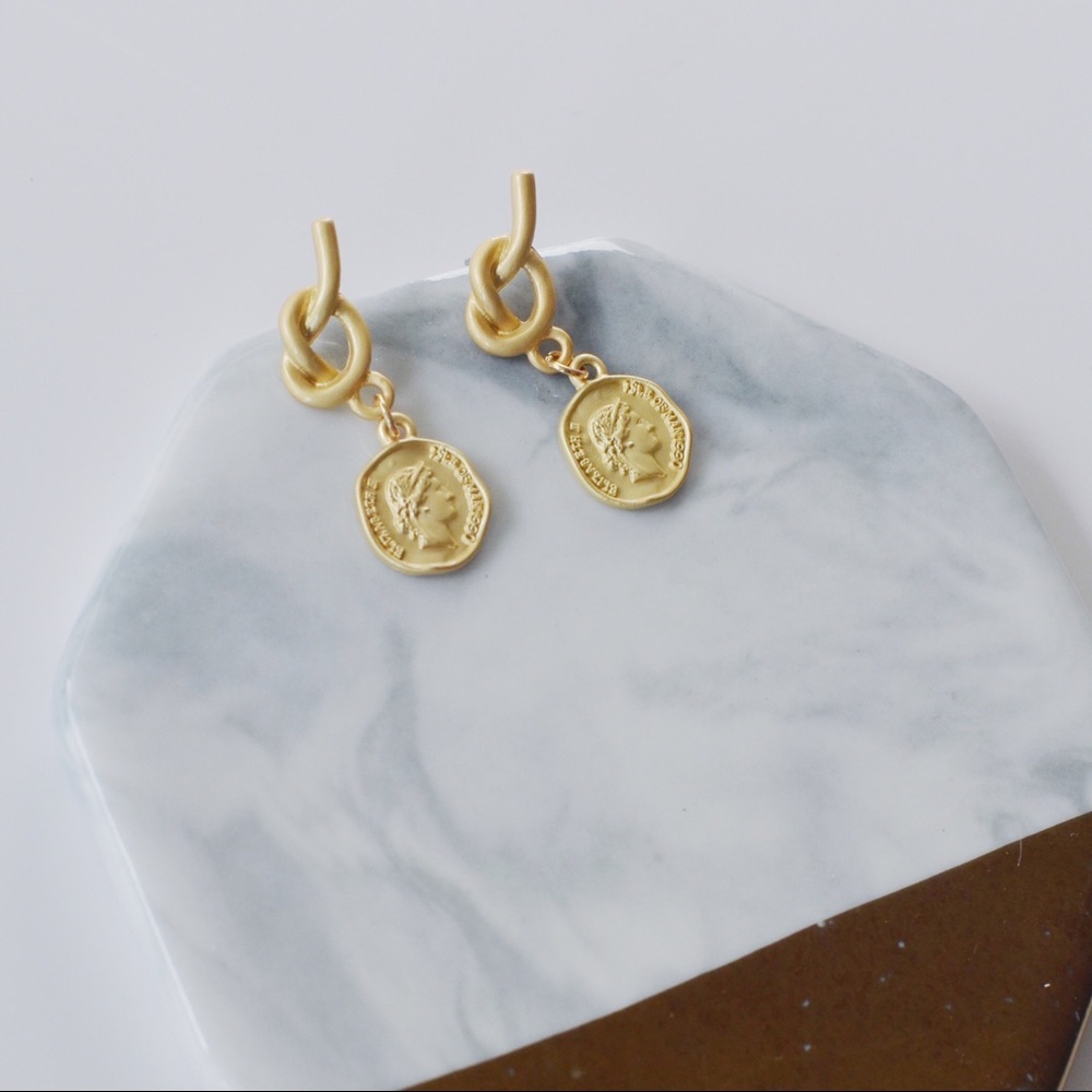Vintage Retro Gold Coin Knot Drop Earrings - Picture 2 of 4